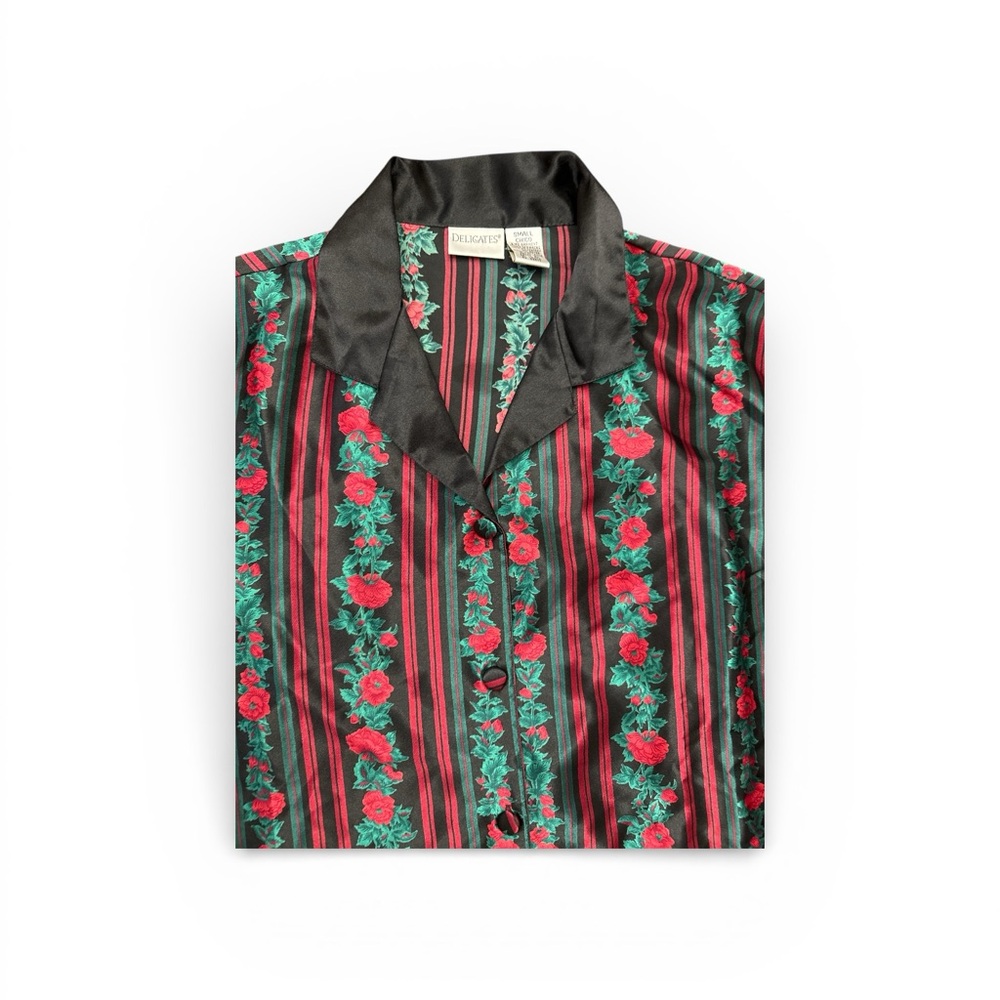 Vintage Delicates Black Green Floral Satin Pajama Top Silky Striped 90s S